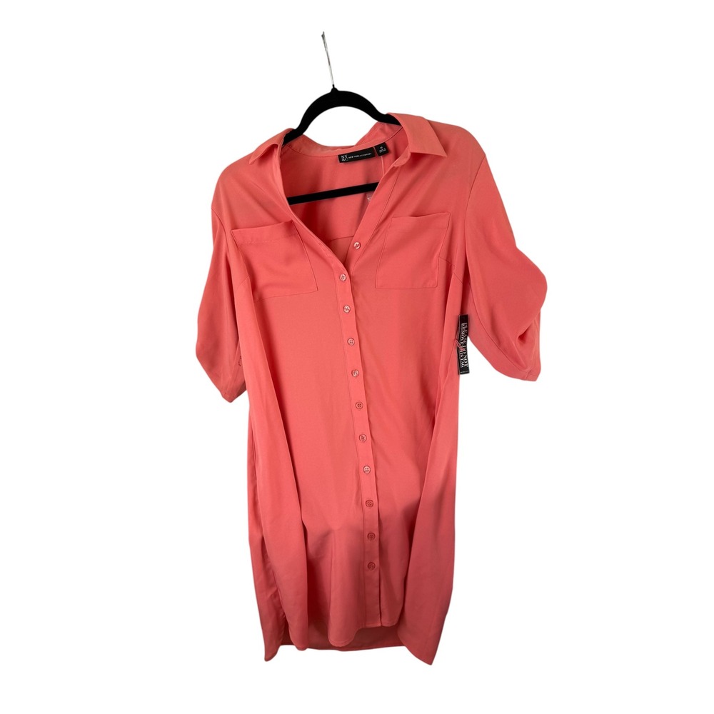 New York & Company Coral Pink Roll Tab Button Down Shirt Dress M